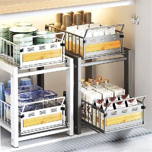 2 Tiers Kitchen Sink Pull-Out Storage Rack Home Condiment