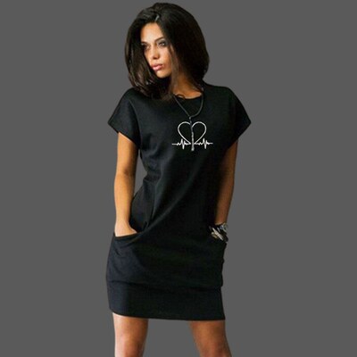 Women Round Neck Above Knee Dress Casual Sexy Mini Pocket