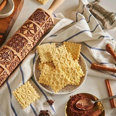 Exquisite Pattern Rolling Pin Wooden Embossing Baking Tools