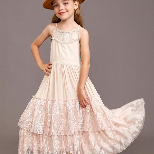 Princess Girls Lace Cotton Long Dresses Baby Kids Flower Gir