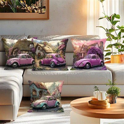 Retro Cars And Houses Pillowcase Printed Polyester 45x45cm