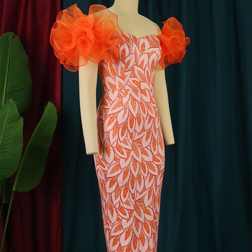 AOMEI Women Party Dress Print Off Shoulder Tulle Flower