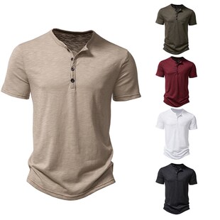 Color Summer Sleeve Short Solid Casual Men Collar Henley