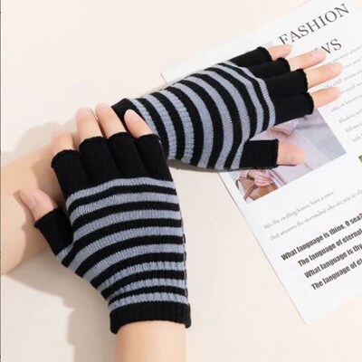 Autumn Winter New Half Finger Striped Warm Gloves For Men Wo