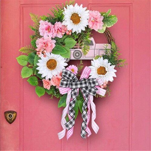 Spring Wreaths for Front Door,Pink Car Sunflower Artificial