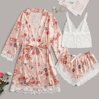 Luxury Fashion Sexy Black Lace Satin Sleepwear Women Ladies