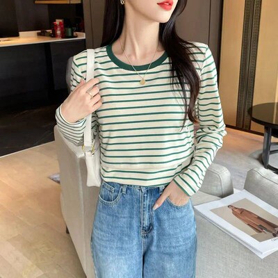 Striped Cotton Maternity Nursing Tees Casual Long Sleeve Bre