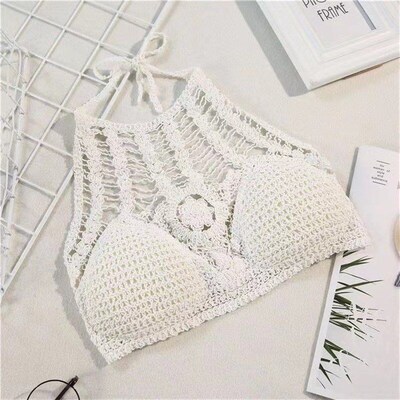 Bohemian Beach Hollow Crochet Backless Bra Pad Bikini Crop T