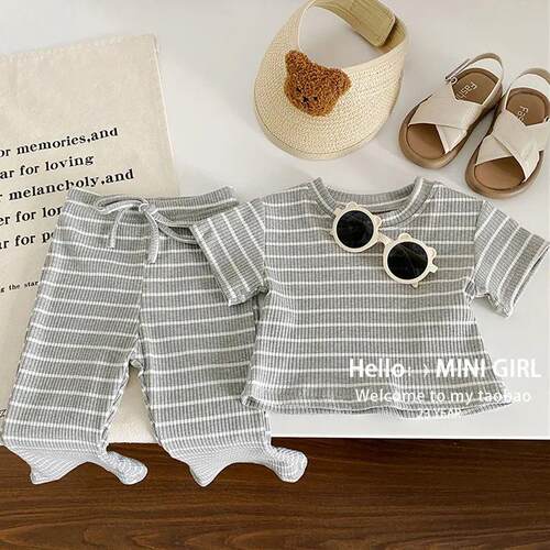 Summer Girls Fashion Striped Sets Childrens Short-Sleeved R