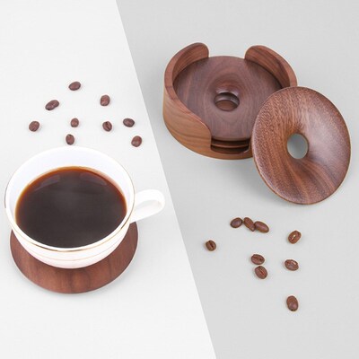 4Pcs Wooden Round Coaster with Holder Storage Rack Heat-Resi