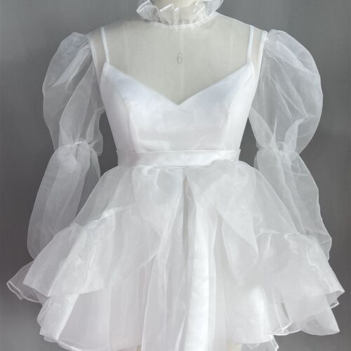 Simple Short Wedding Dress 2023 Long Puff Sleeves High Neck