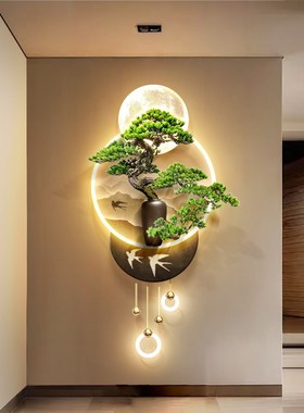 迎客松玄关装饰画壁灯中古风走廊尽头3D立体挂画复古led发光壁画