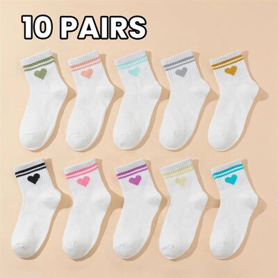 10 pairs white kids socks, featuring heart-shaped and doubl