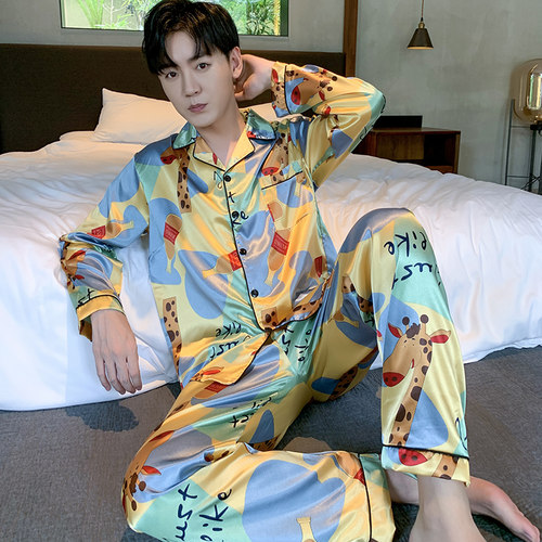 Autumn Elastic Waist Men Sleepwear print Mens pyjamas Silk
