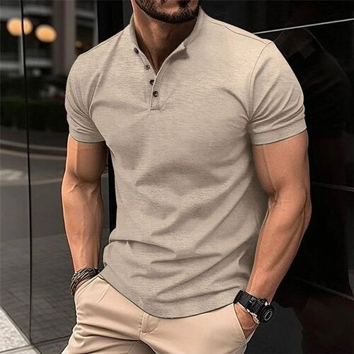 Mens  shirt button Henry collar short-sleeved pullover casu