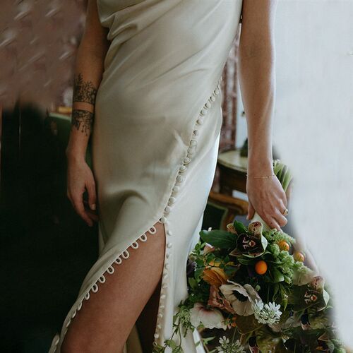 One Shoulder Cowl Neck Sheath Crepe Fitted Wedding Dresses C
