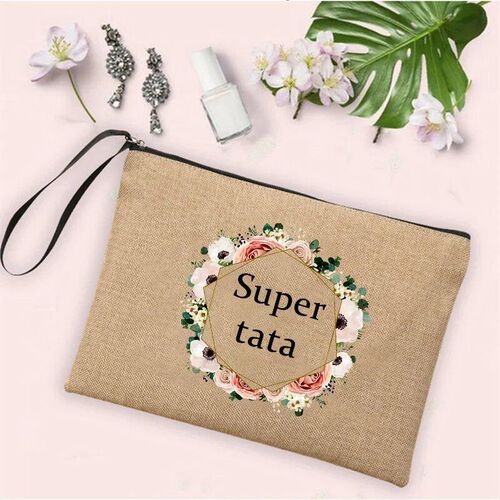 Super Tata Wreath Print Linen Makeup Bags Cosmetic Bag Zippe