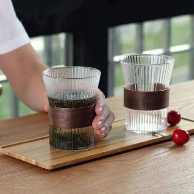 350ML Japanese Style Glass Coffee Mug Walnut Cup Sleeve Glas