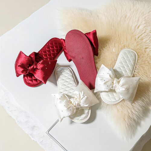 Large Bow Satin Iron Diamond Solid Color Home Slippers For W