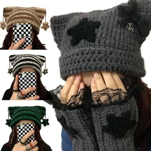 Crochet Stripe Pattern Handmade Cat Ear Hat Soft Winter Warm