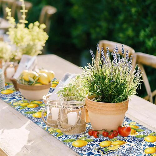 Summer Lemon Tiles Linen Table Runner Holiday Party Decor Re