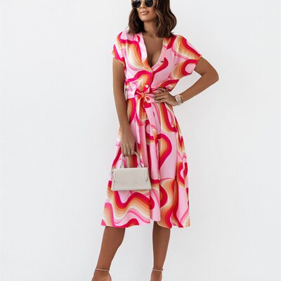 Spring Summer Sexy V Neck Print Dress Woman Fashion Short Sl