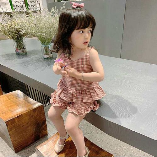 Girls Set Plaid Sling Top and Shorts 23 Summer New Children