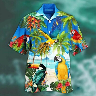 Animal Parrot Print Patchwork Fashion Hawaiian Men Shirt Coo