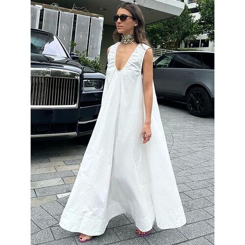 Summer Cotton Linen Women Long Dress Solid V-neck