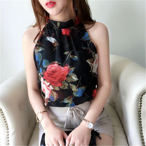 2018 Chiffon Blouse Sleeveless Halter Shirt Stripe Flower Do