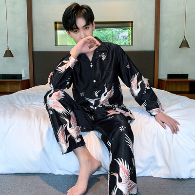 Autumn Elastic Waist Men Sleepwear print Mens pyjamas Silk