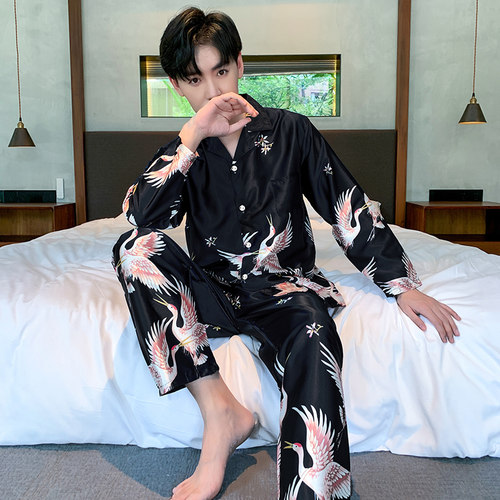 Autumn Elastic Waist Men Sleepwear print Mens pyjamas Silk