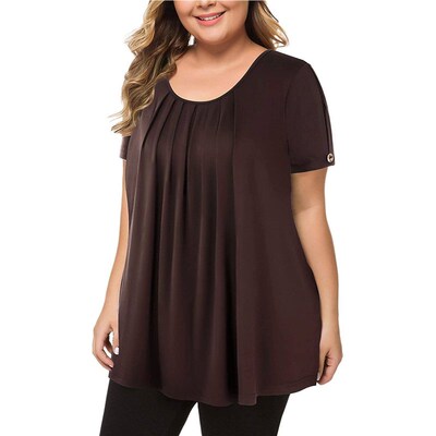 2025 Plus Size Womens Crewneck Solid Color Pleated Short-sl