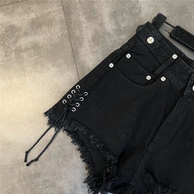 Summer Bandage Tassel nd Jeans Female Black Personality Raw