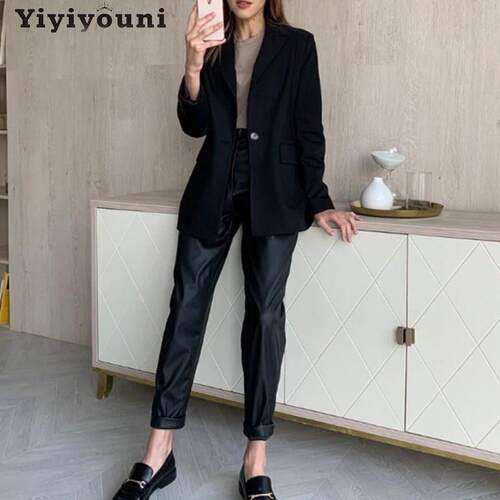 Yiyiyouni Autumn Winter High Waist Fleece PU Leather Pants W