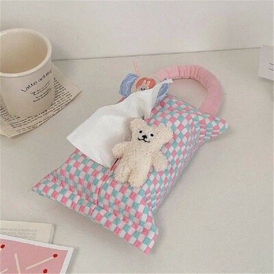 Pink Plaid Fabric Tissue Box Portable Hanging Tissue Case