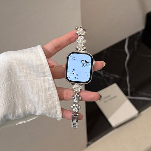 适用于苹果手表表带iWatch11/s10代可爱猫爪钻石金属表带applewatchS9透气女款s8小众SE高级感42/46mm新款