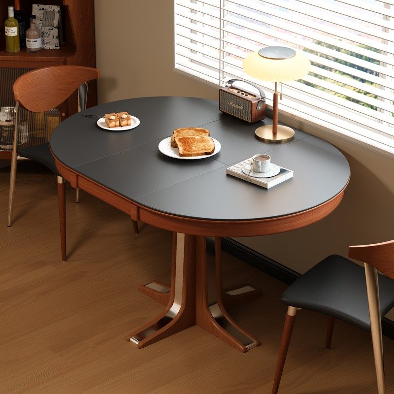 木小咖 岩板伸缩餐桌中古风圆形实木法式小户型圆桌客厅折叠饭桌,住宅家具,岩板餐桌,淘宝优惠券,粉丝福利购,淘宝优惠卷