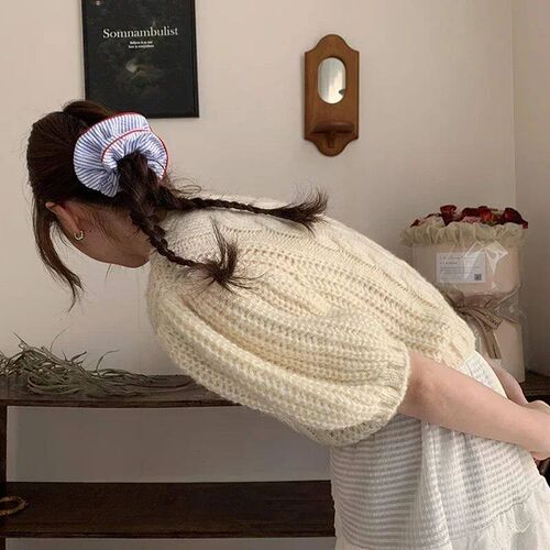 New Scrunchies Red Hem Blue Striped Hair Tie Sweet Fresh Ela