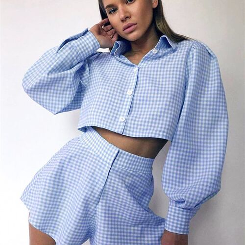 OOTN Gingham Long Lantern Sleeve Female Set Crop Top Shirt A