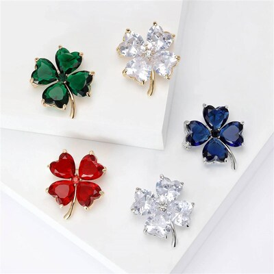 Luxury Rhinestone Shamrock Four Leaf Clover Brooches for Wom