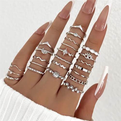 23Pcs Fashion Knuckle Rings Set For Women Crystal Star Moon
