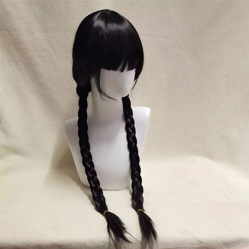 Wednesday Addams Cosplay Wig Long Black Braids Hair Heat Res
