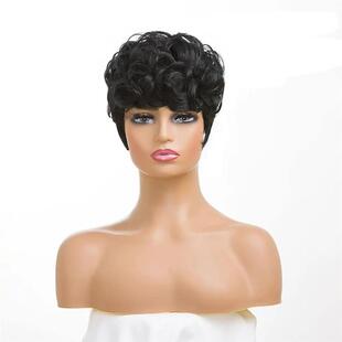 Black Short Pixie Wigs for Women Curly Natural Wavy Syntheti