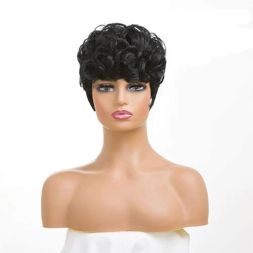 Black Short Pixie Wigs for Women Curly Natural Wavy Syntheti