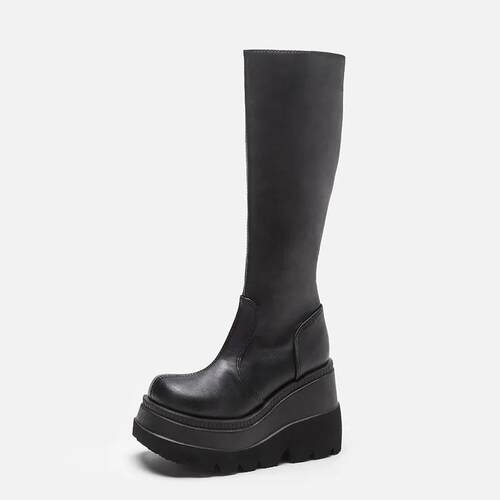 Women Knee High Boots Womens Zip Leather Buckle High Boots
