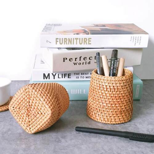Handmade Rattan Storage Box Cosmetic Pen Holder Tea