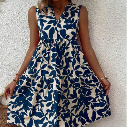 Women V Neck Print Dress  Summer Elegant Sleeveless Loose