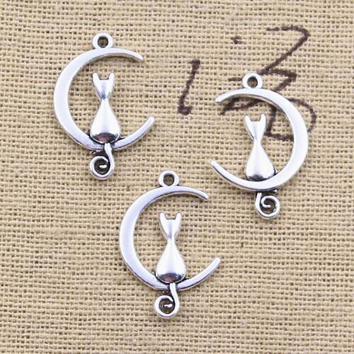 50pcs Charms Moon Cat 21x14mm Antique Silver Color Pendants