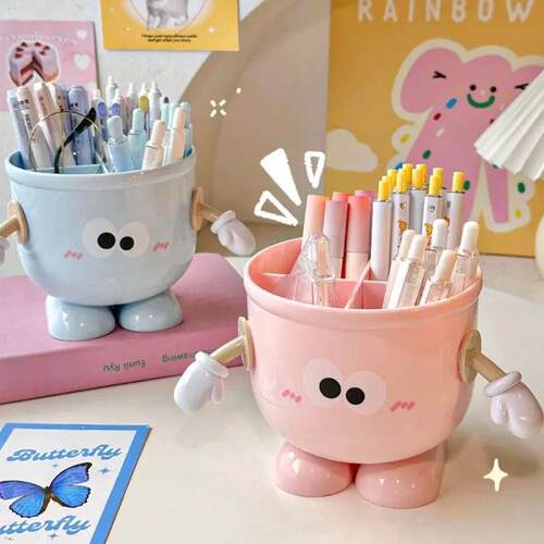 Cartoon Big Eyes Pencil Holder with Hook Table Cute Statione